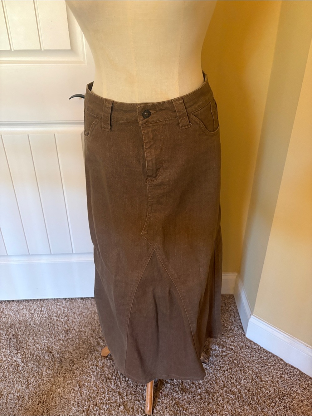 Brown Denim High-Waist Long Skirt
